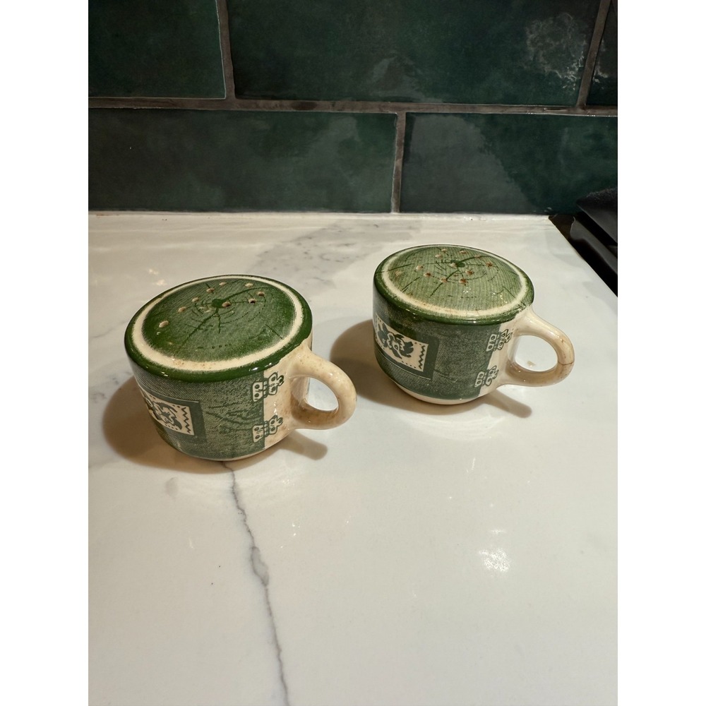 Vintage Colonial Homestead Green Transferware Salt & Pepper Shakers Royal China